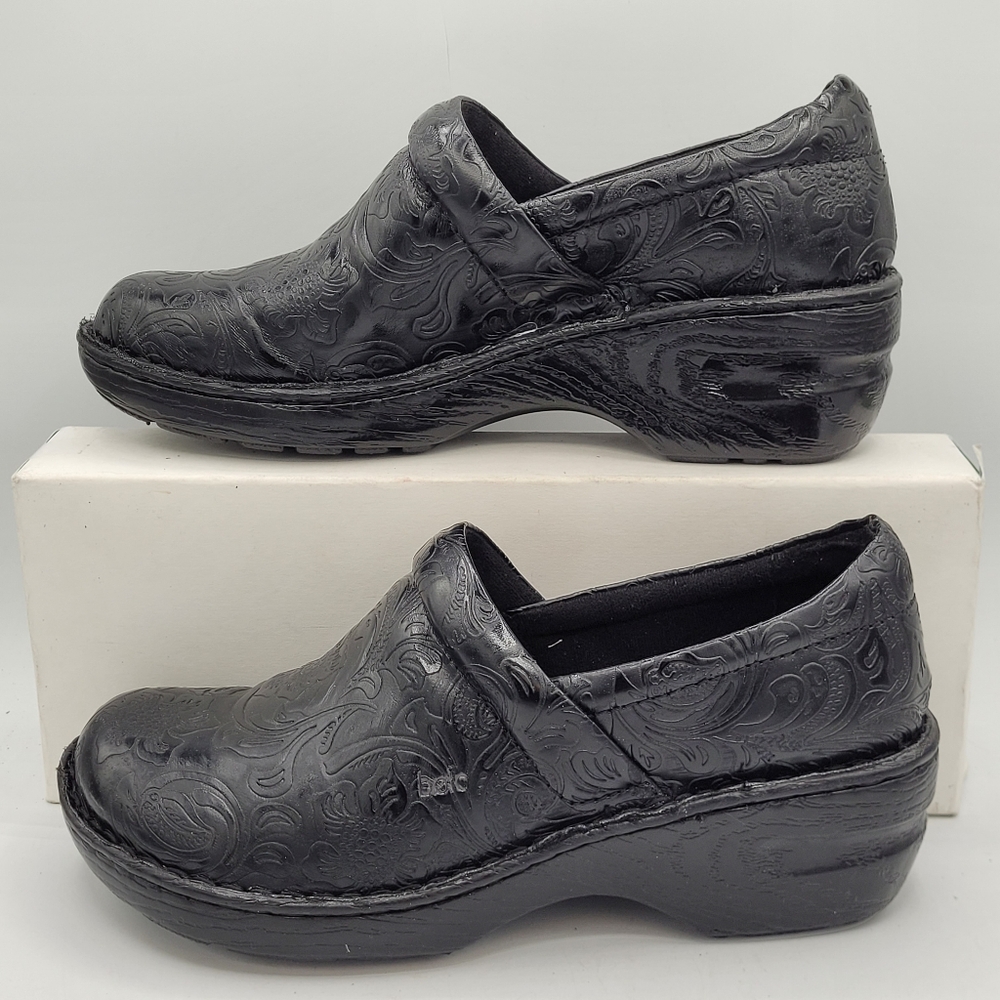 Bolo Embossed Black Leather Clogs Size 10